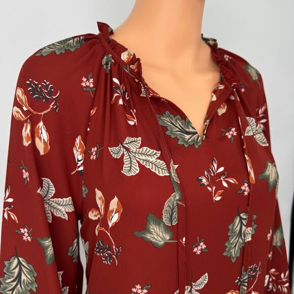 NWT Loft Peasant Blouse Size XS Rust Botanical Print 3/4 Sleeve Autumn Top - Picture 3 of 14